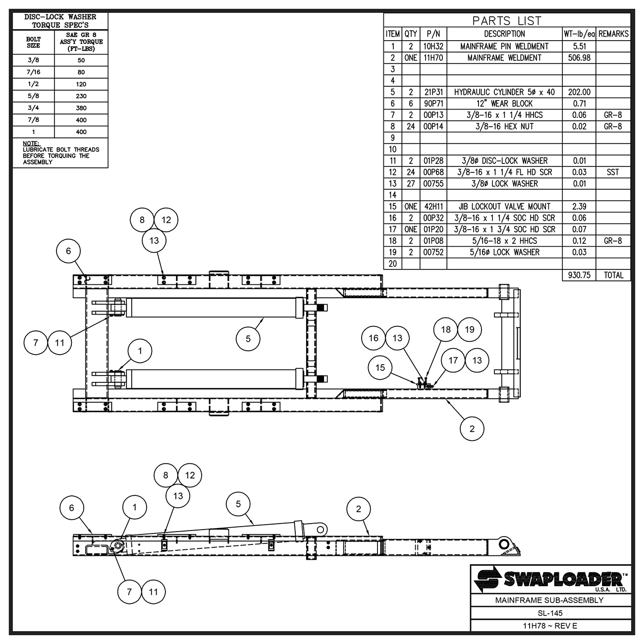 Swaploader SL-145 Mainframe Sub Assembly Diagram