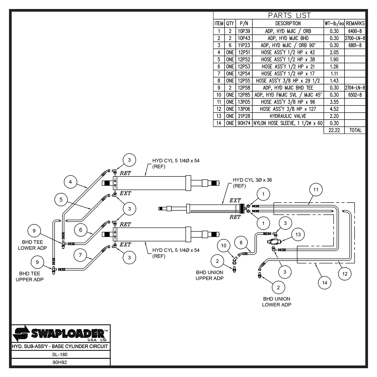 Swaploader SL-180 Hydraulic Sub-Assembly Base Cylinder Circuit Diagram
