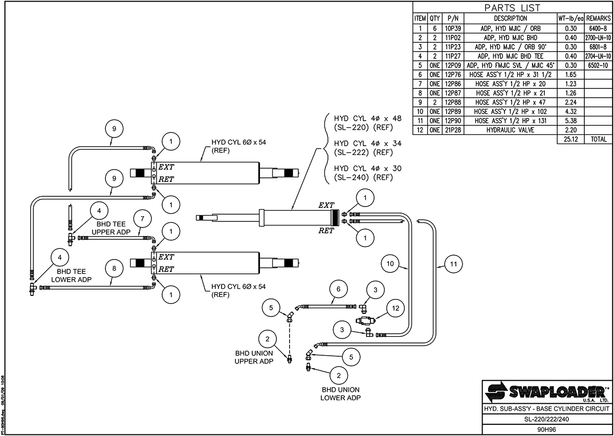 SL-220/222/240 Hydraulic Sub-Assembly Base Cylinder Circuit Diagram