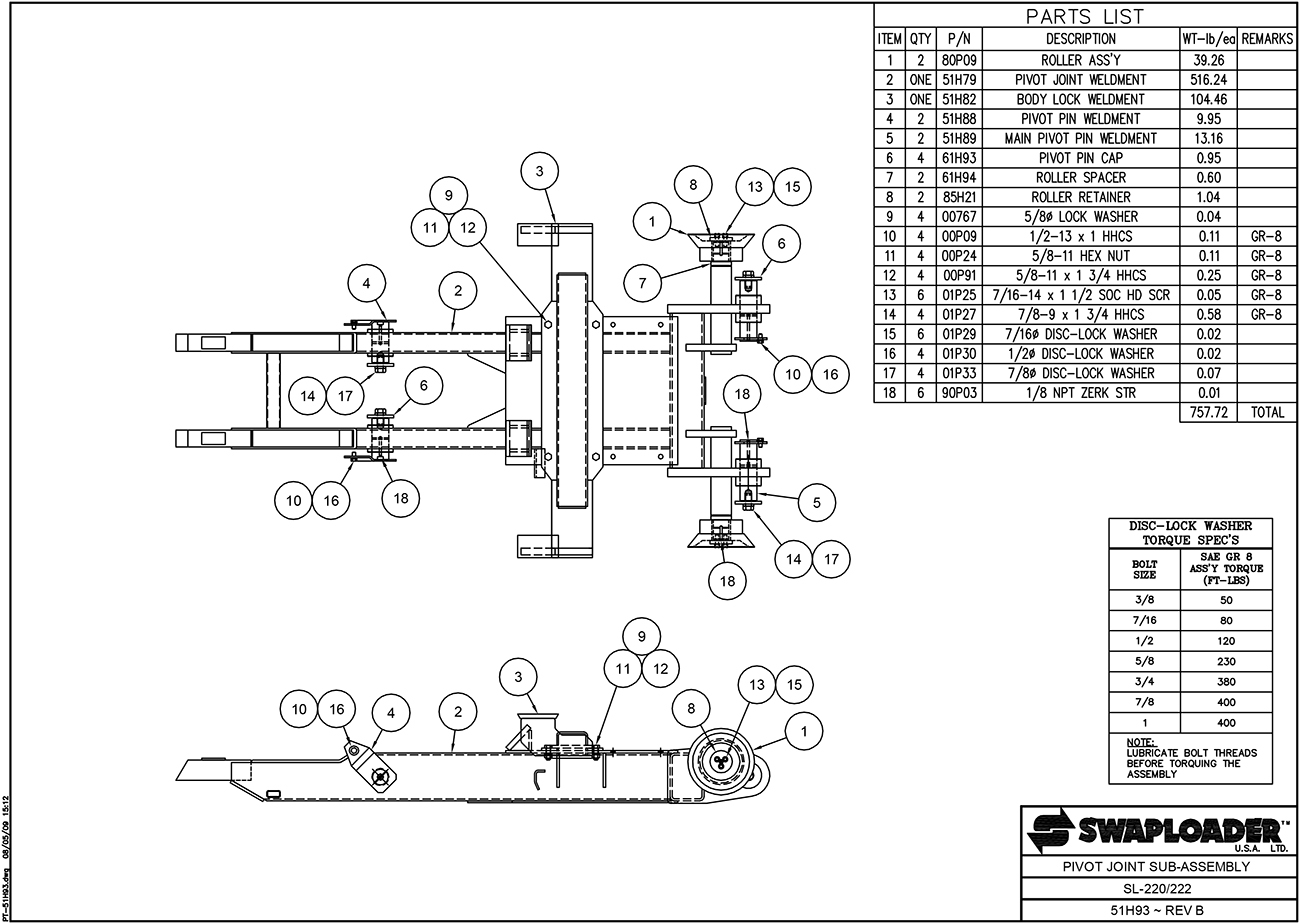 SL-220/222 Pivot Joint Sub-Assembly Diagram