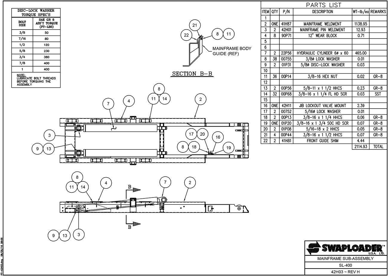 SL-400 Mainframe Sub-Assembly Diagram