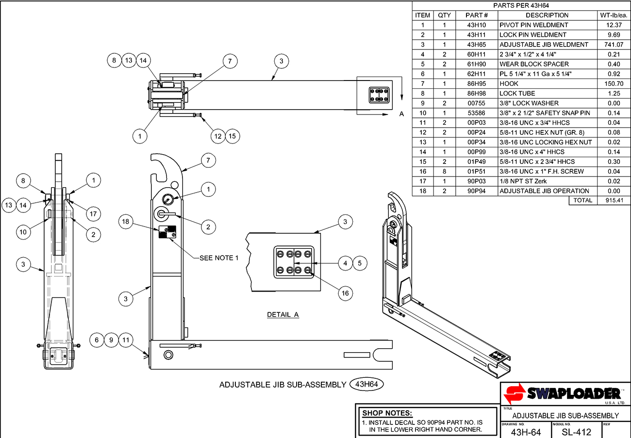 SL-412 Adjustable Jib Sub-Assembly Diagram