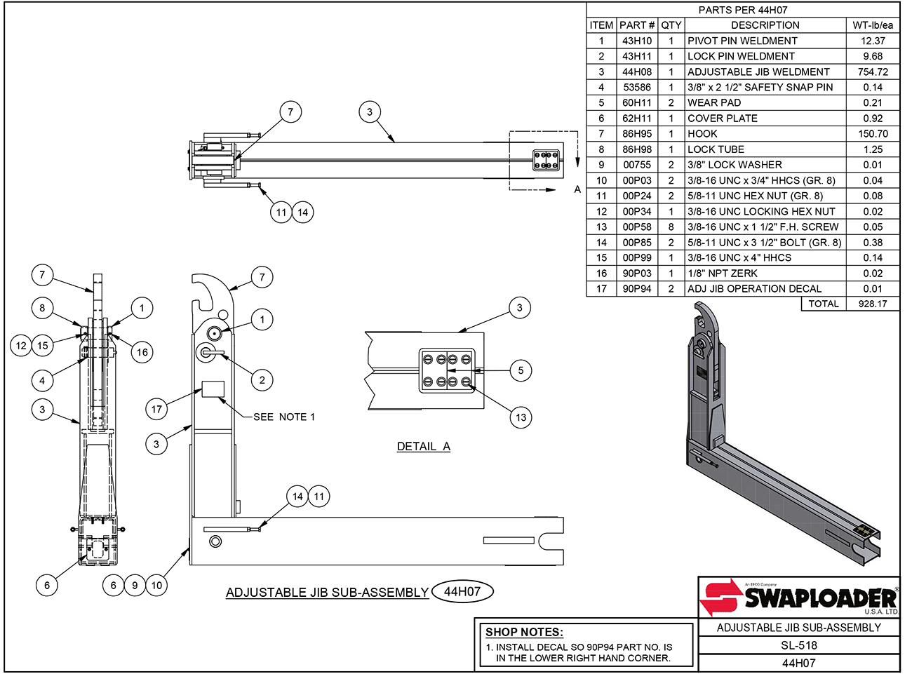 Sl-518 Adjustable Jib Sub-Assembly Diagram