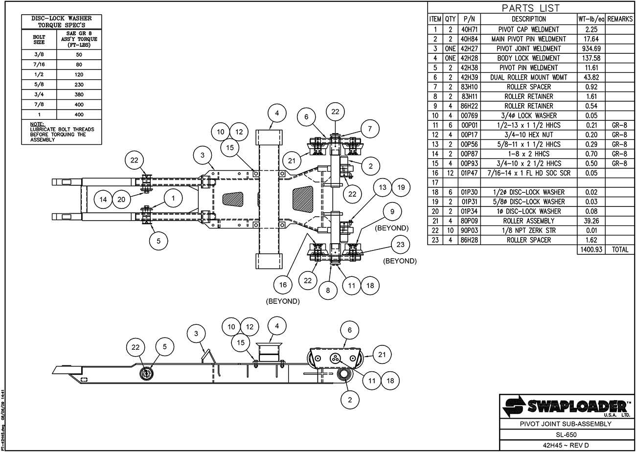 SL-650 Pivot Joint Sub-Assembly Diagram