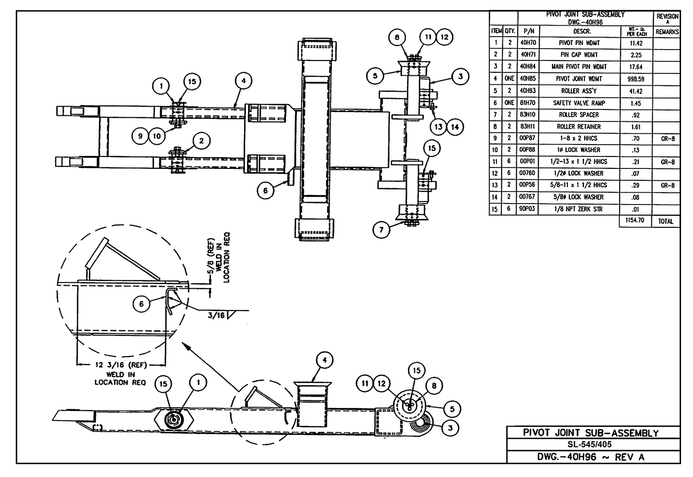 SL-545/405 Pivot Joint Sub-Assembly Diagram
