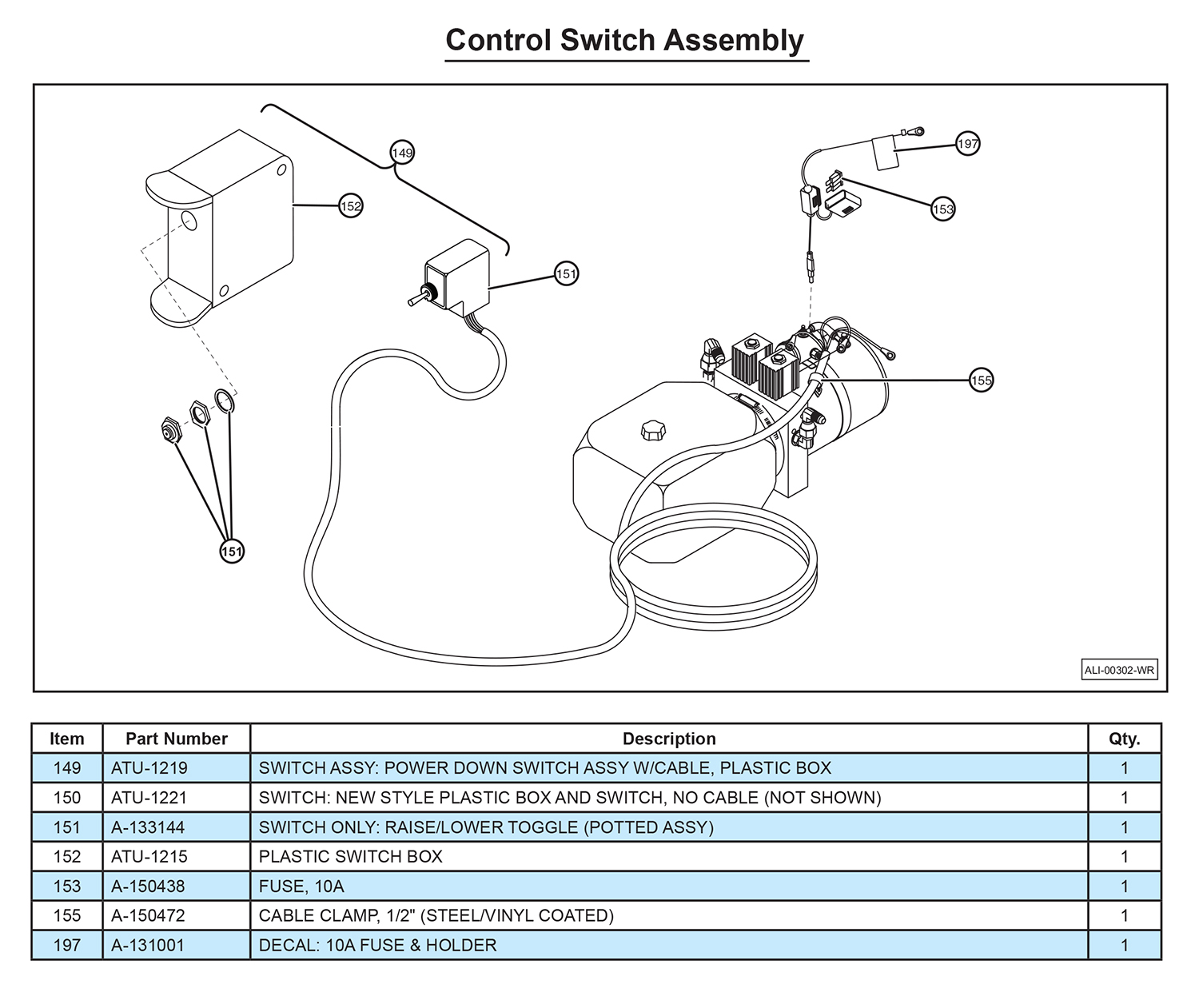 Anthony MTU-GLR-WR Control Switch Assembly Diagram