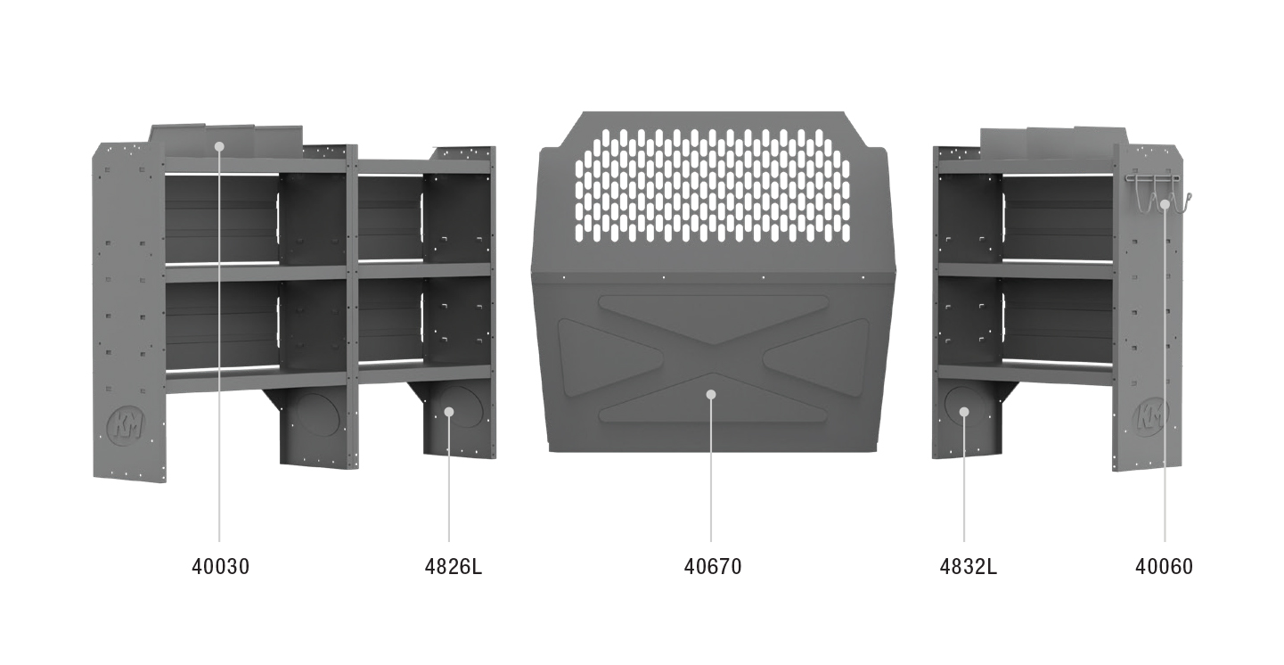 Kargo Master 401CE - Nissan NV200/Chevy City Express Van Deluxe Commercial Shelving (43 Inch H Shelves - 115 Inch Wheel Base)