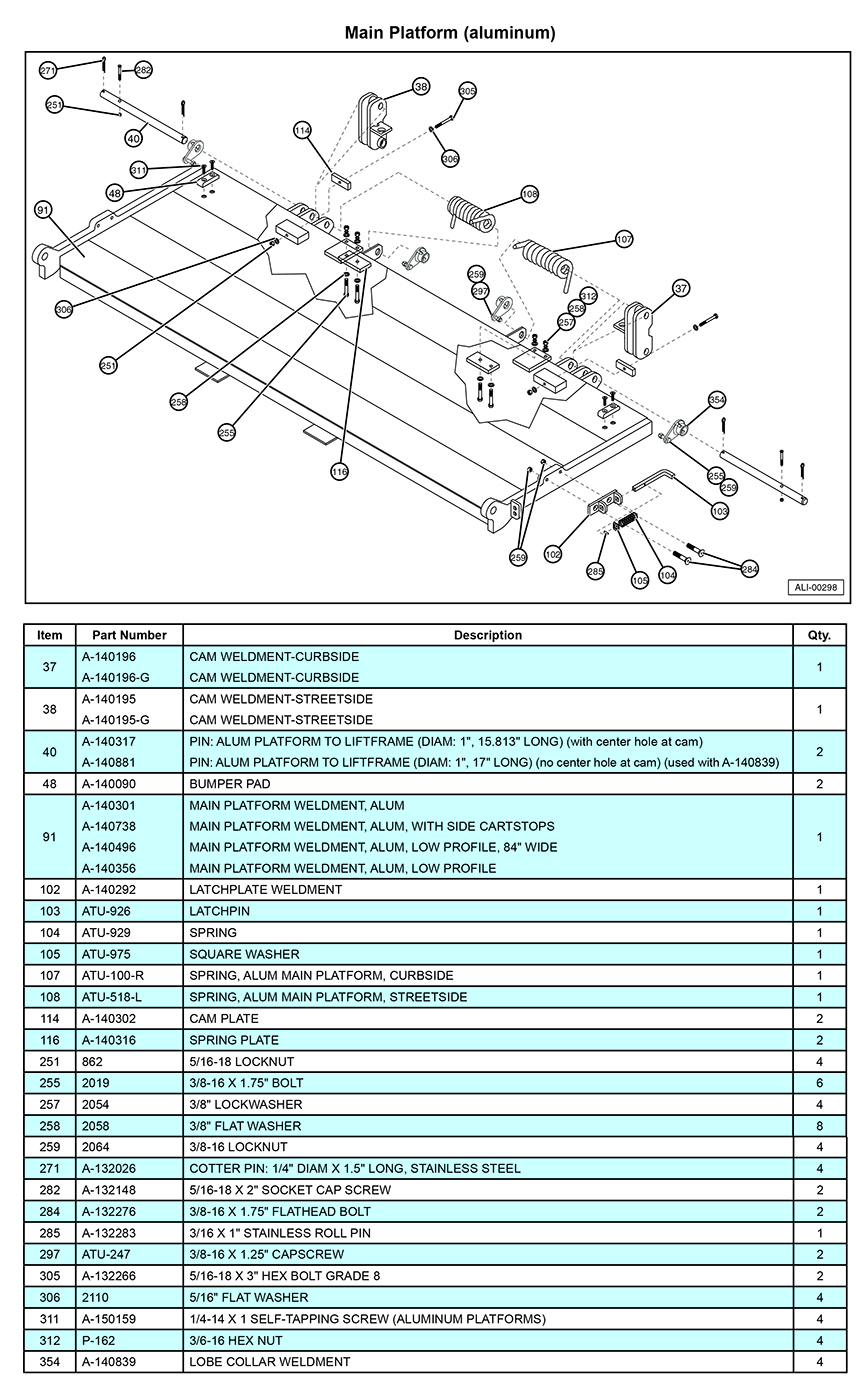 Anthony MTU-GLR-3-4 Aluminum Main Platform Diagram