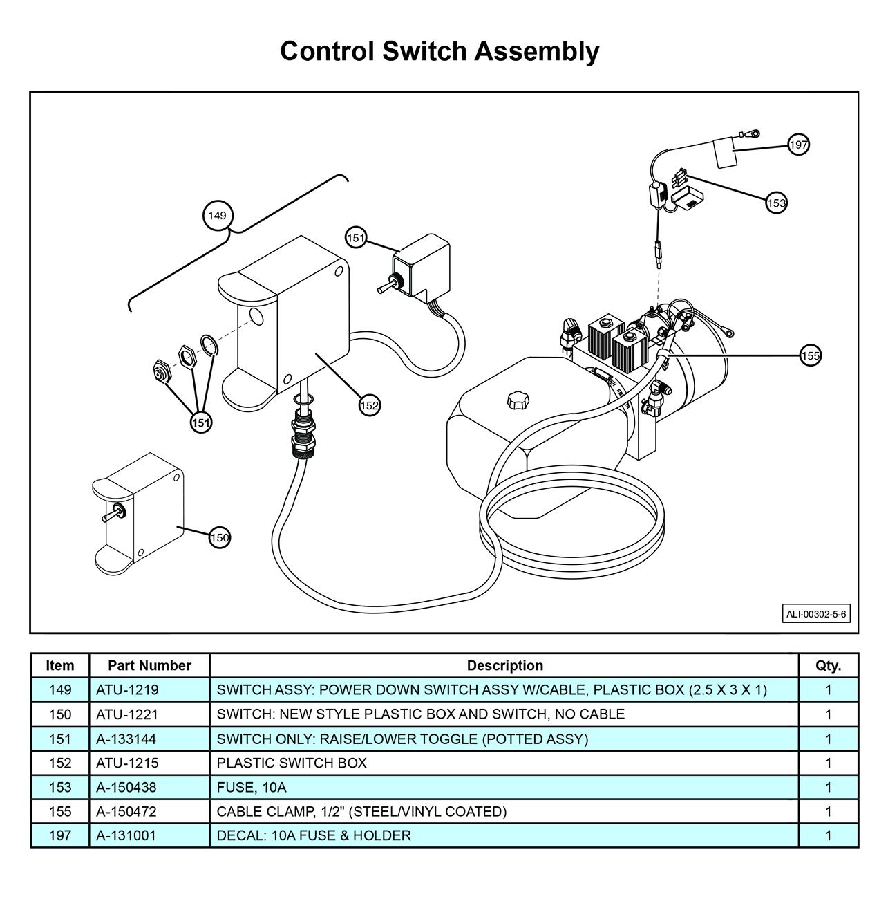 Anthony MTU-GLR-EX Control Switch Assembly Diagram