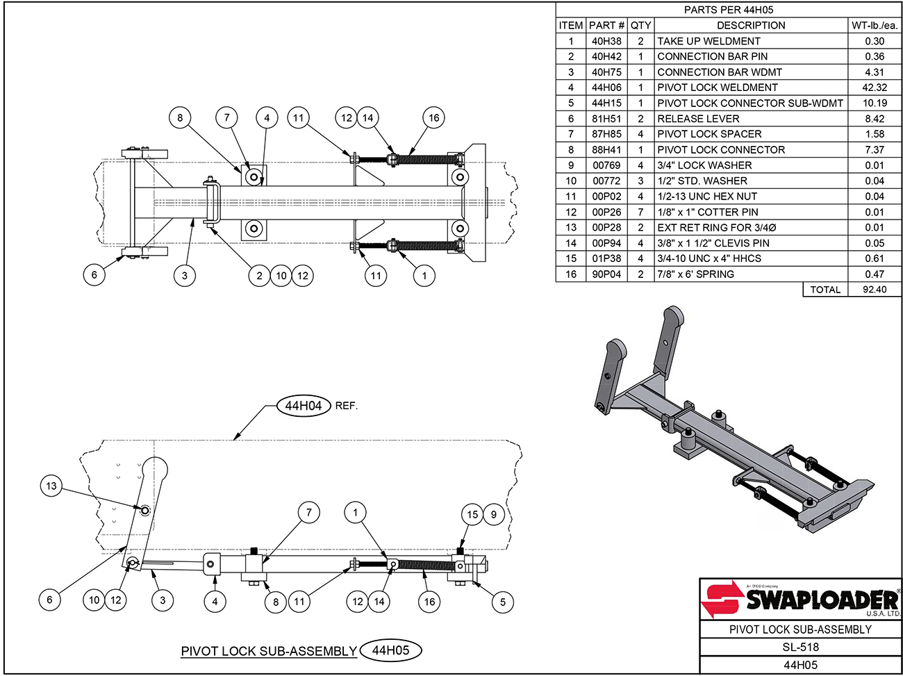 SL-518 Pivot Lock Sub-Assembly Diagram