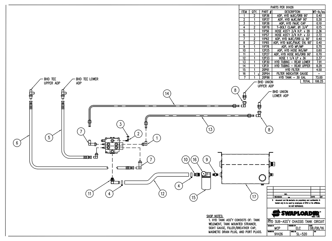 SL-520 Hydraulic Sub-Assembly Chassis Tank Circuit Diagram