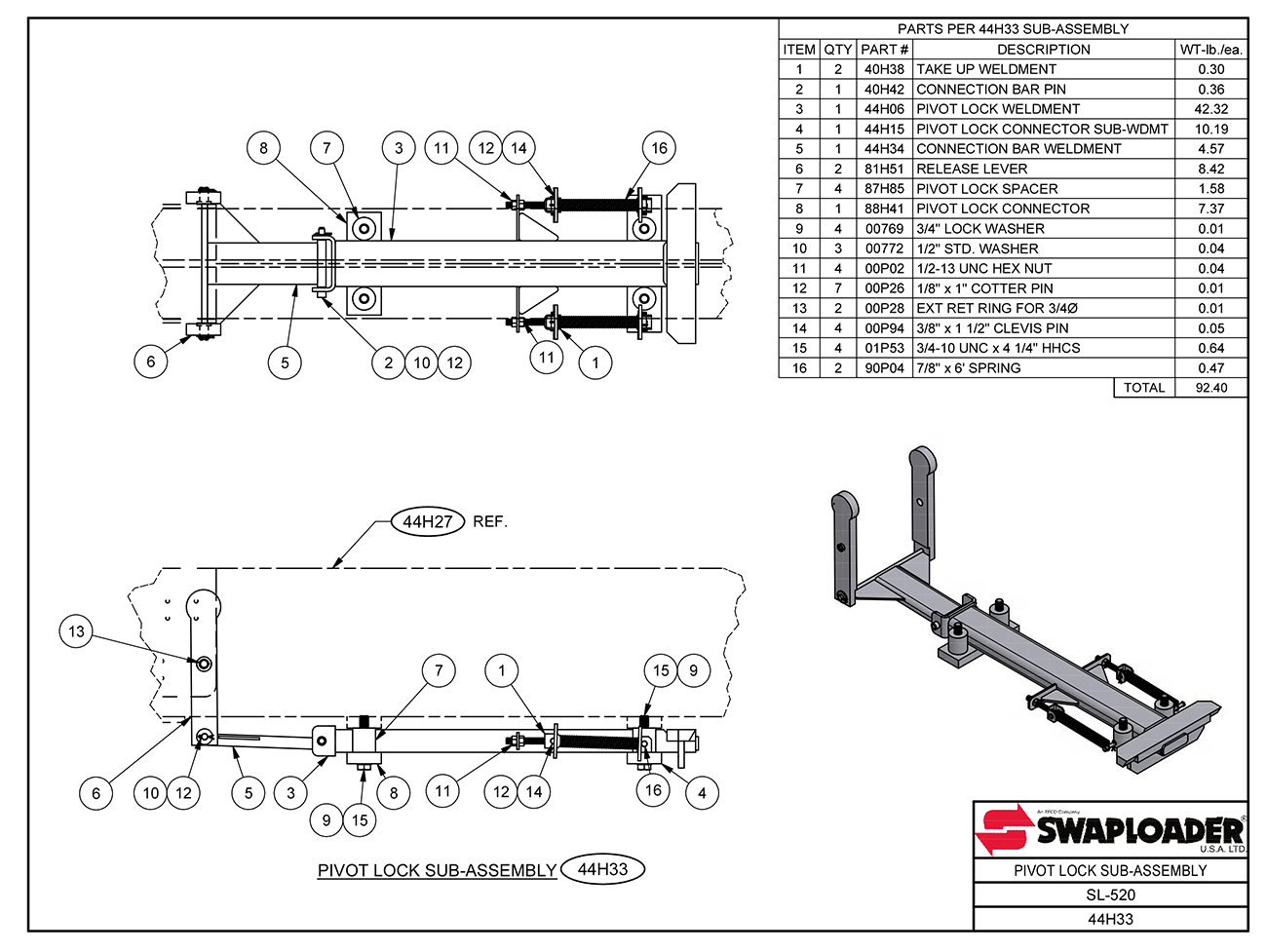 Swaploader SL-520 Pivot Lock Sub Assembly Diagram