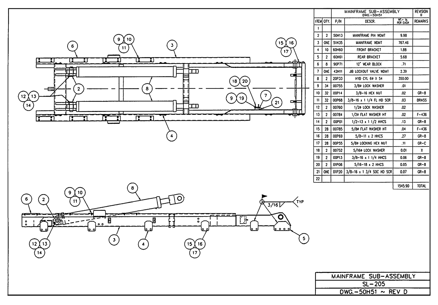 SL-205 Mainframe Sub-Assembly Diagram