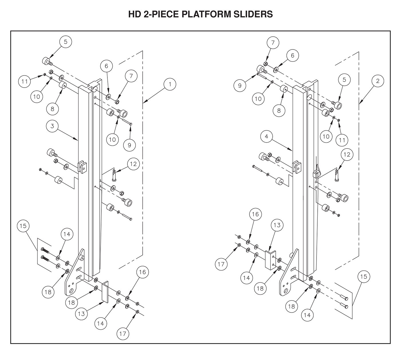 All Aluminum TVL Series HD 2-Piece Platform Sliders Diagram