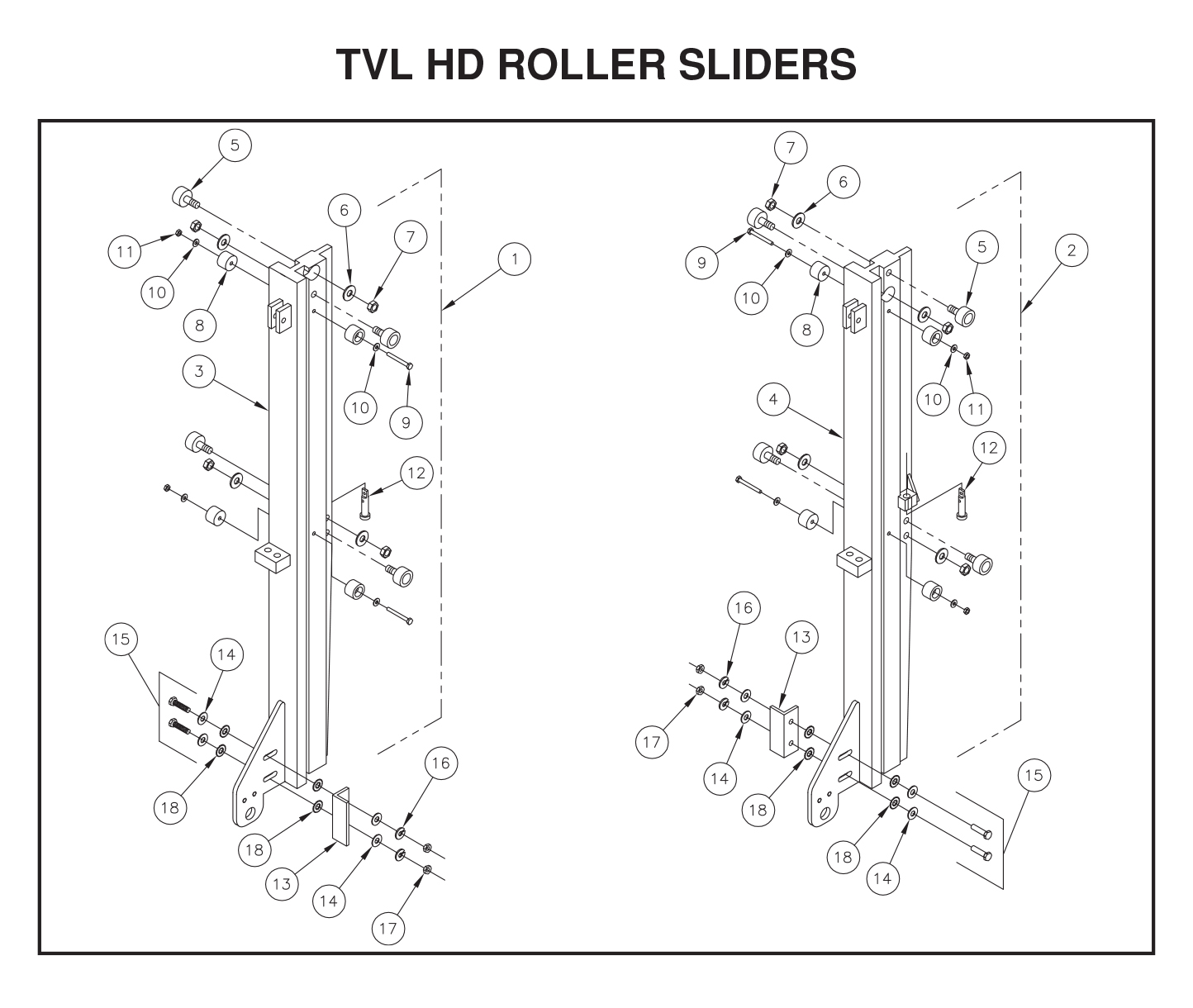 All Aluminum TVL Series HD Roller Sliders Diagram