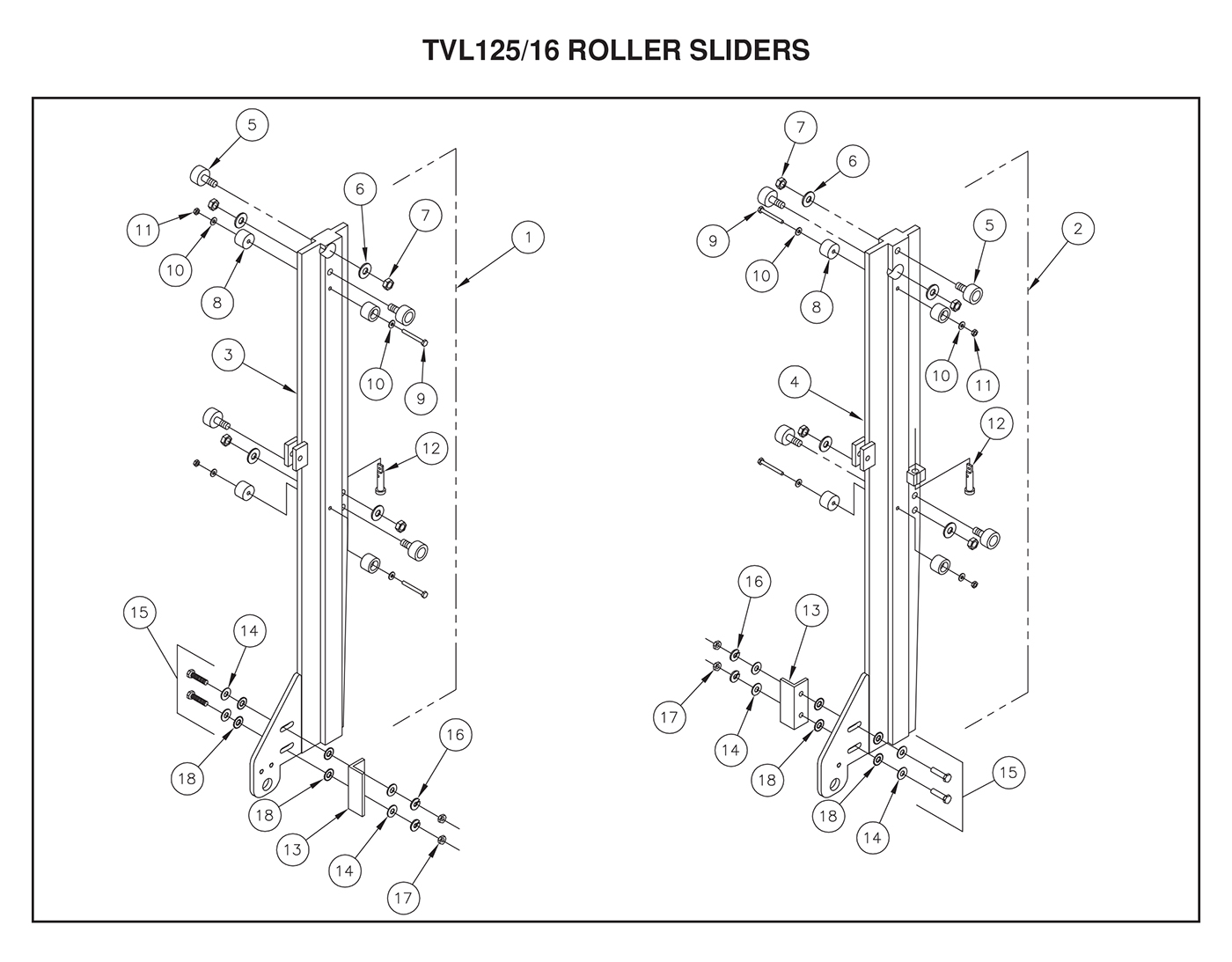 All Aluminum TVL Series Roller Sliders Diagram