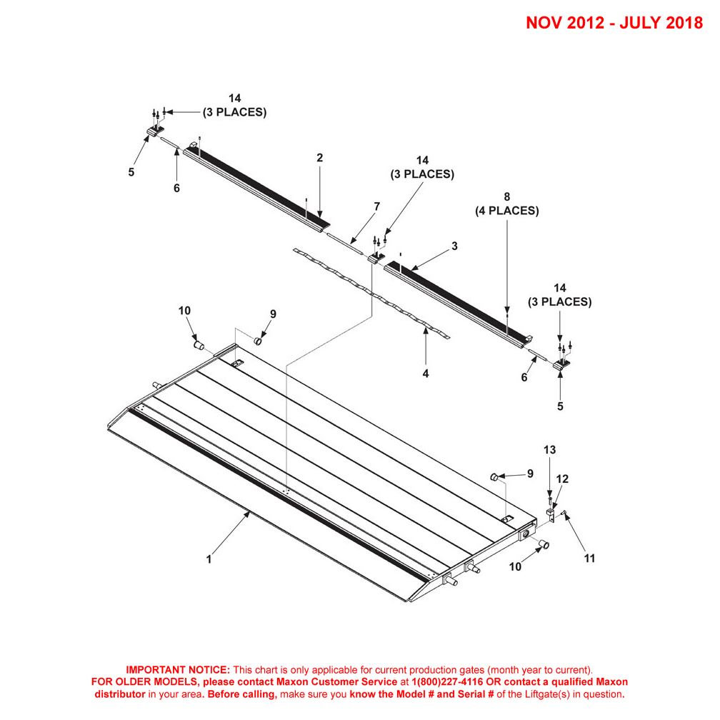 Maxon DMD (Nov 2012 - Jul 2018) Aluminum Platform 1-Piece/Dual Cartstop Diagram (1 OF 2)