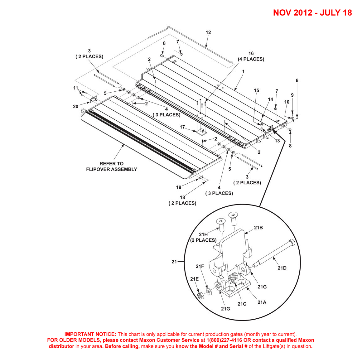 Maxon DMD (Nov 2012 - Jul 2018) Platform And Flipover Assembly With Cartstop And Torsion Bar Diagram