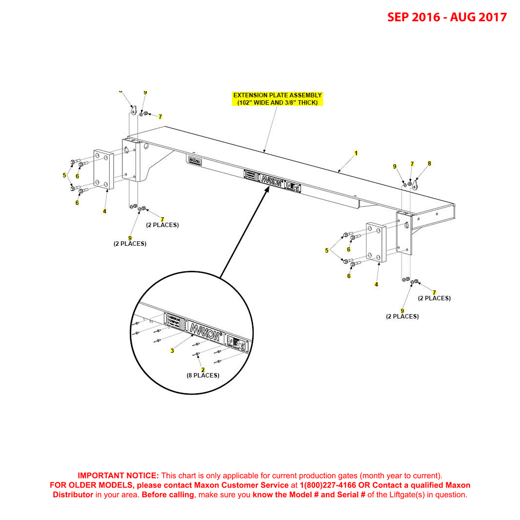 Maxon GPT (Sep 2016 - Aug 2017) 102-Inches Wide And 3/8 Inch Thick Extension Plate Assembly Diagram