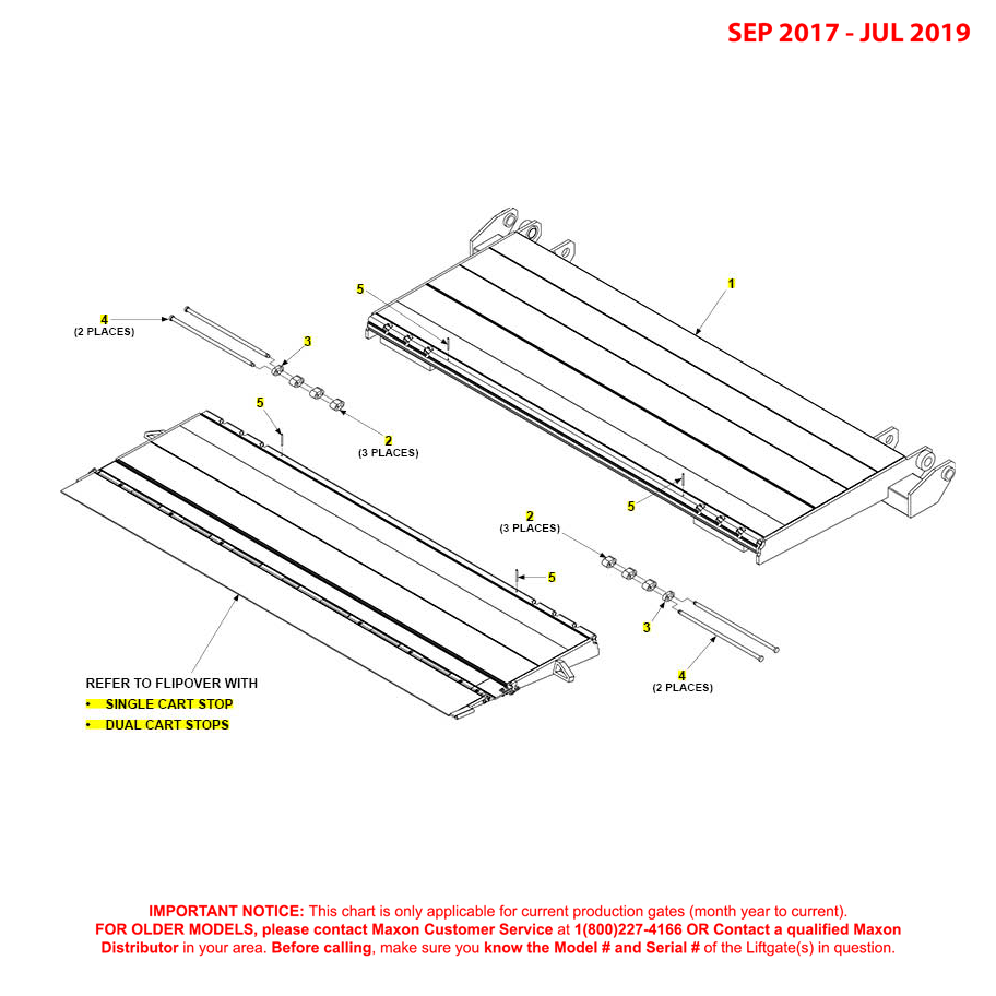 Maxon GPT (Sep 2017 - Jul 2019) Platform And Flipover Assembly With Cart Stops Diagram