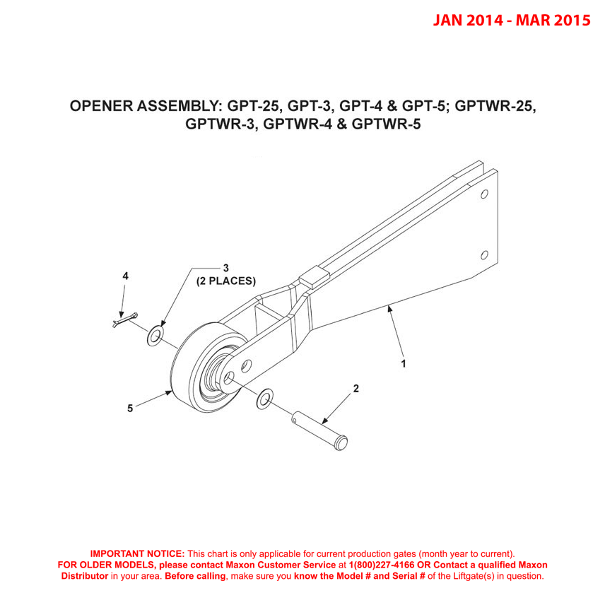 Maxon GPT-25/3/4/5 And GPTWR-25/3/4/5 (Jan 2014 - Mar 2015) Opener Assembly Diagram