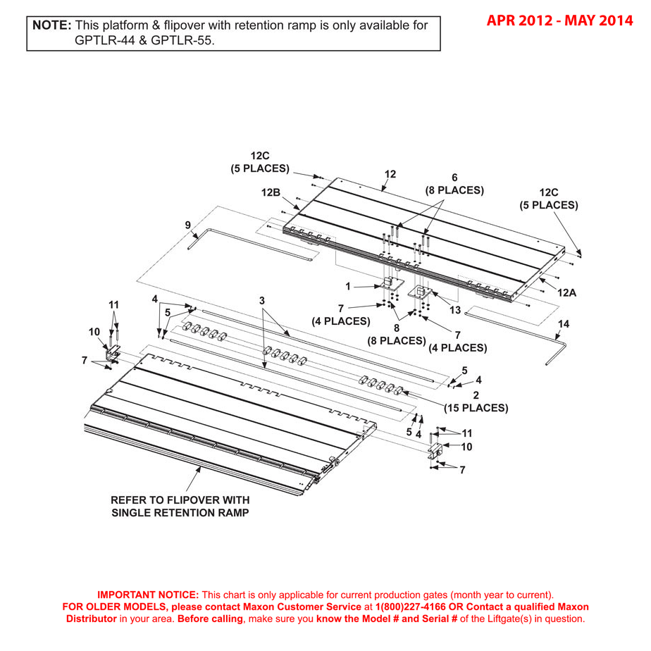 Maxon GPTLR (Apr 2012 - May 2014) Aluminum Platform And Flipover Assembly With Single Retention Ramp Diagram