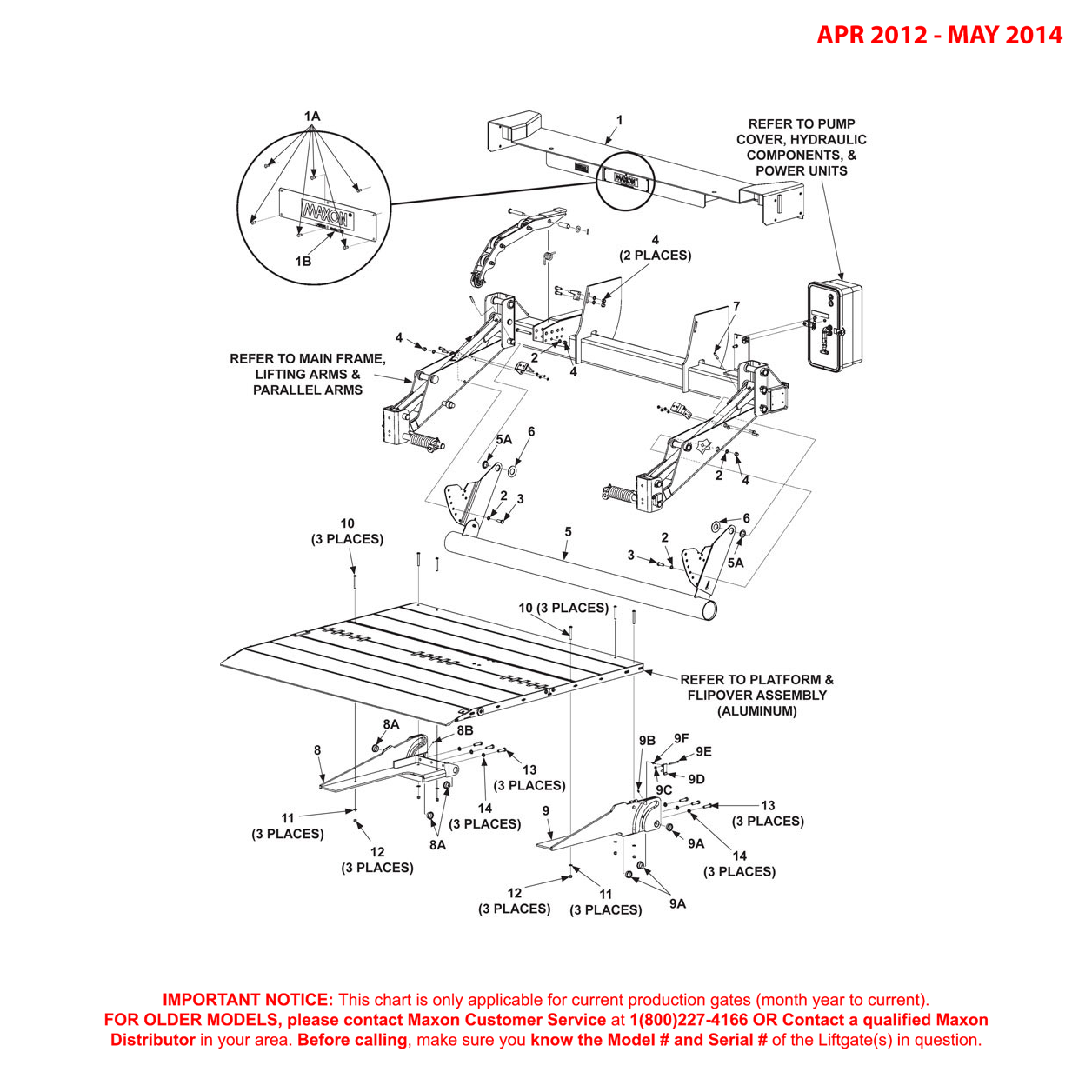 Maxon GPTLR-44 To GPTLR-55 (Apr 2012 - May 2014) Aluminum Platform Main Assembly Diagram (1 OF 2)