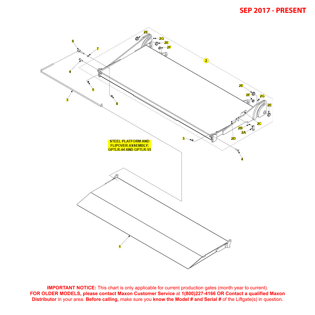 Maxon GPTLR-44 And GPTLR-55 (Sep 2017 - Present) Steel Platform And Flipover Assembly Diagram