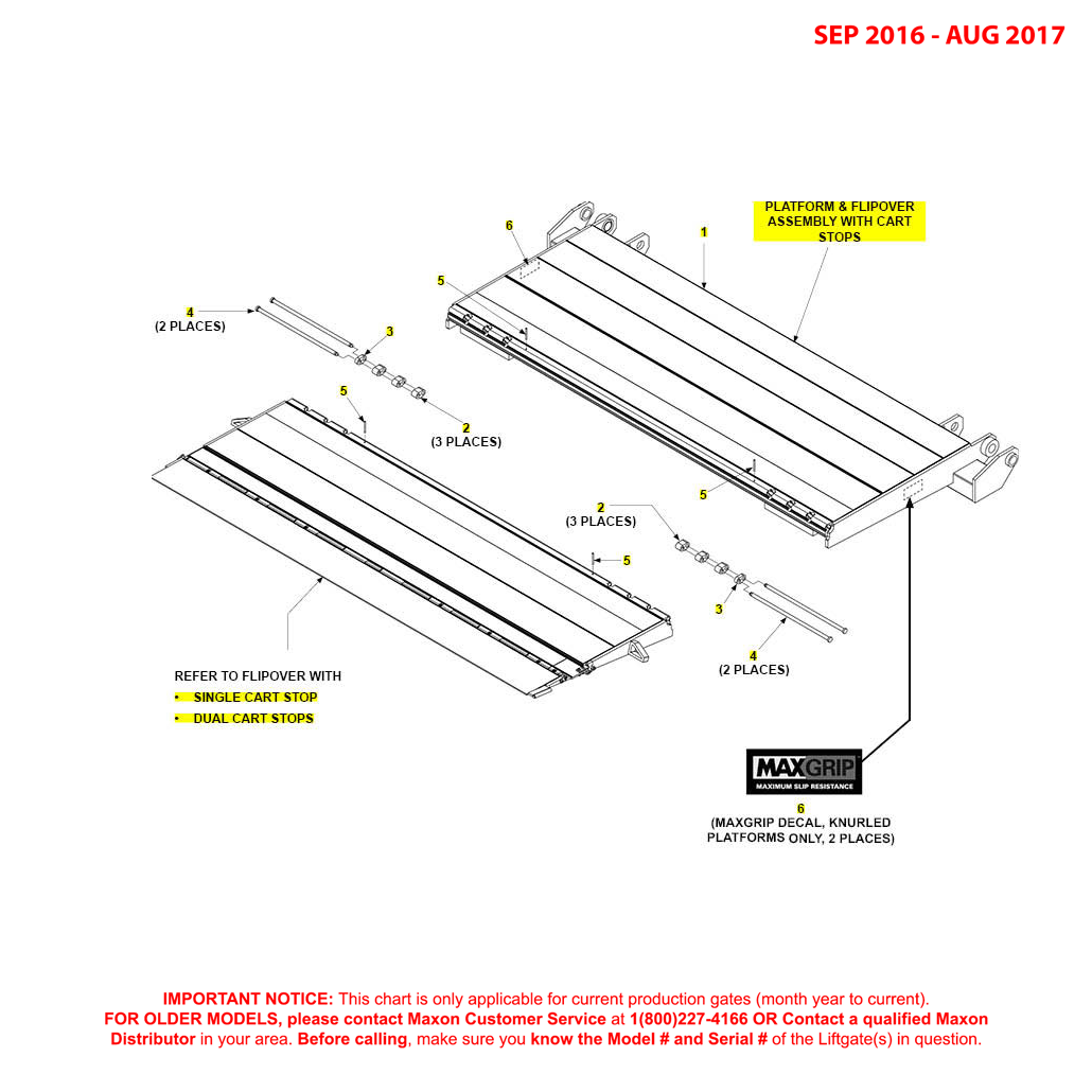 Maxon GPTWR (Sep 2016 - Aug 2017) Platform And Flipover Assembly With Cart Stops Diagram