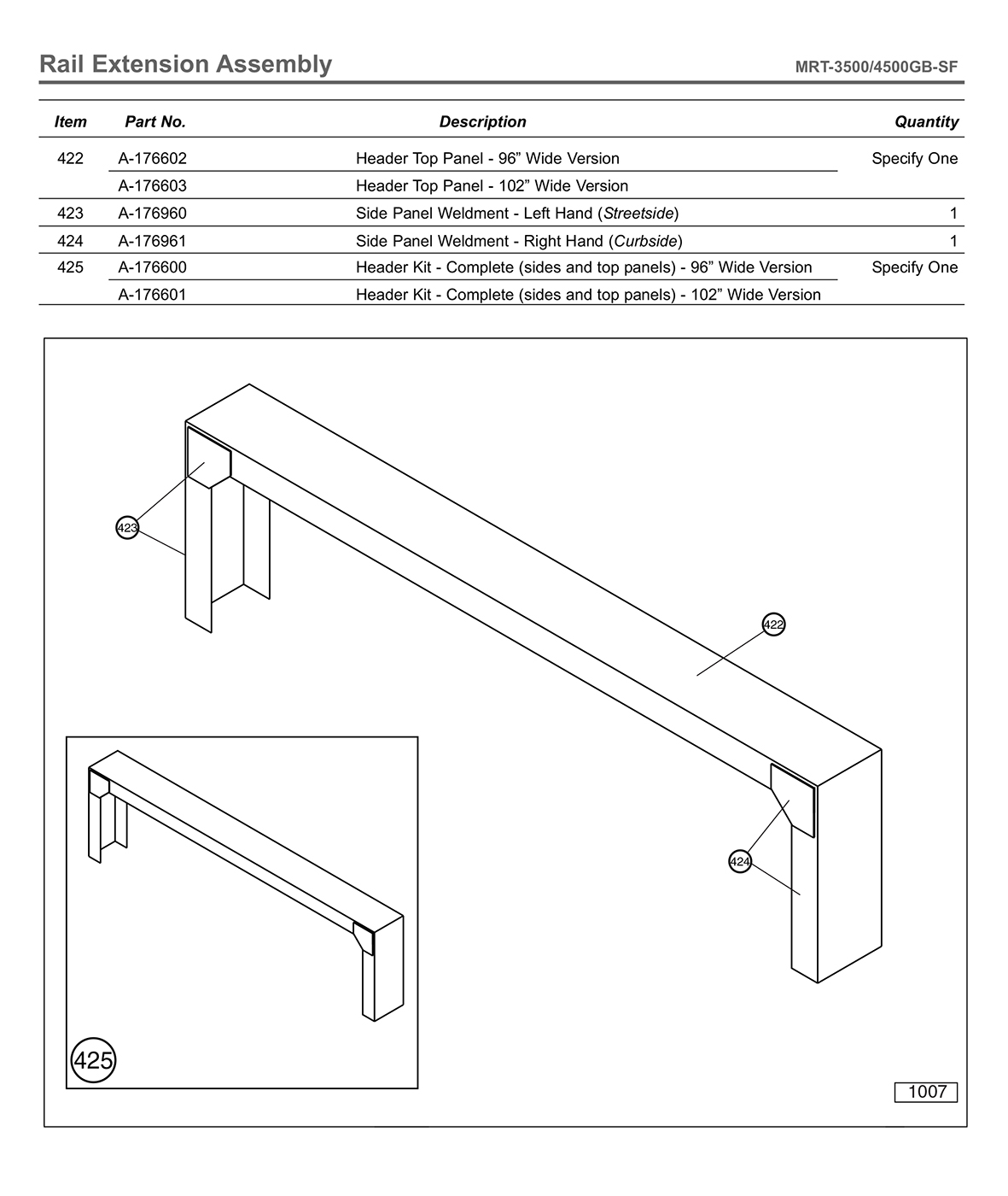 Anthony MRT-3500/4500GB-SF Rail Extension Assembly Diagram