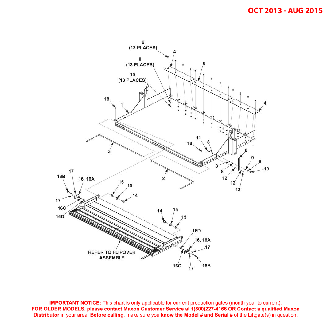 Maxon RA (Oct 2013 - Aug 2015) Platform And Flipover Assembly With Barrier / Retention Ramp / Dual Torsion Bars Diagram