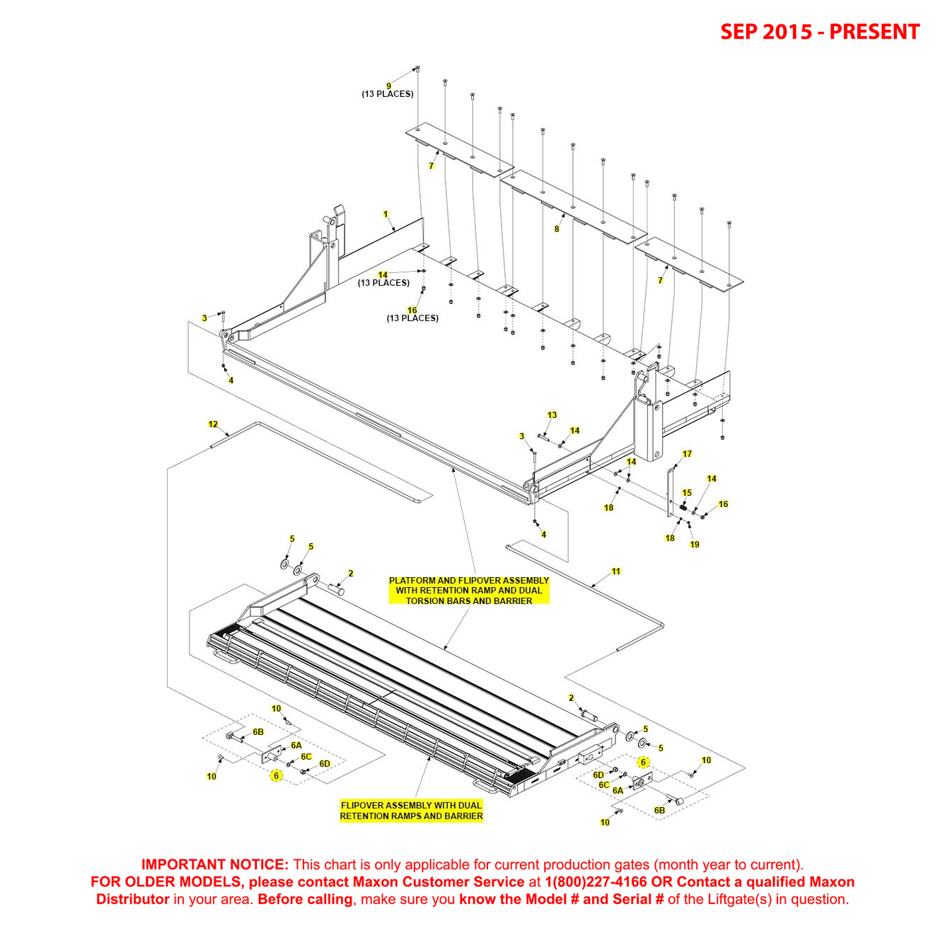 Maxon RA (Sep 2015 - Present) Platform And Flipover Assembly With Retention Ramp / Dual Torsion Bars / Barrier Diagram