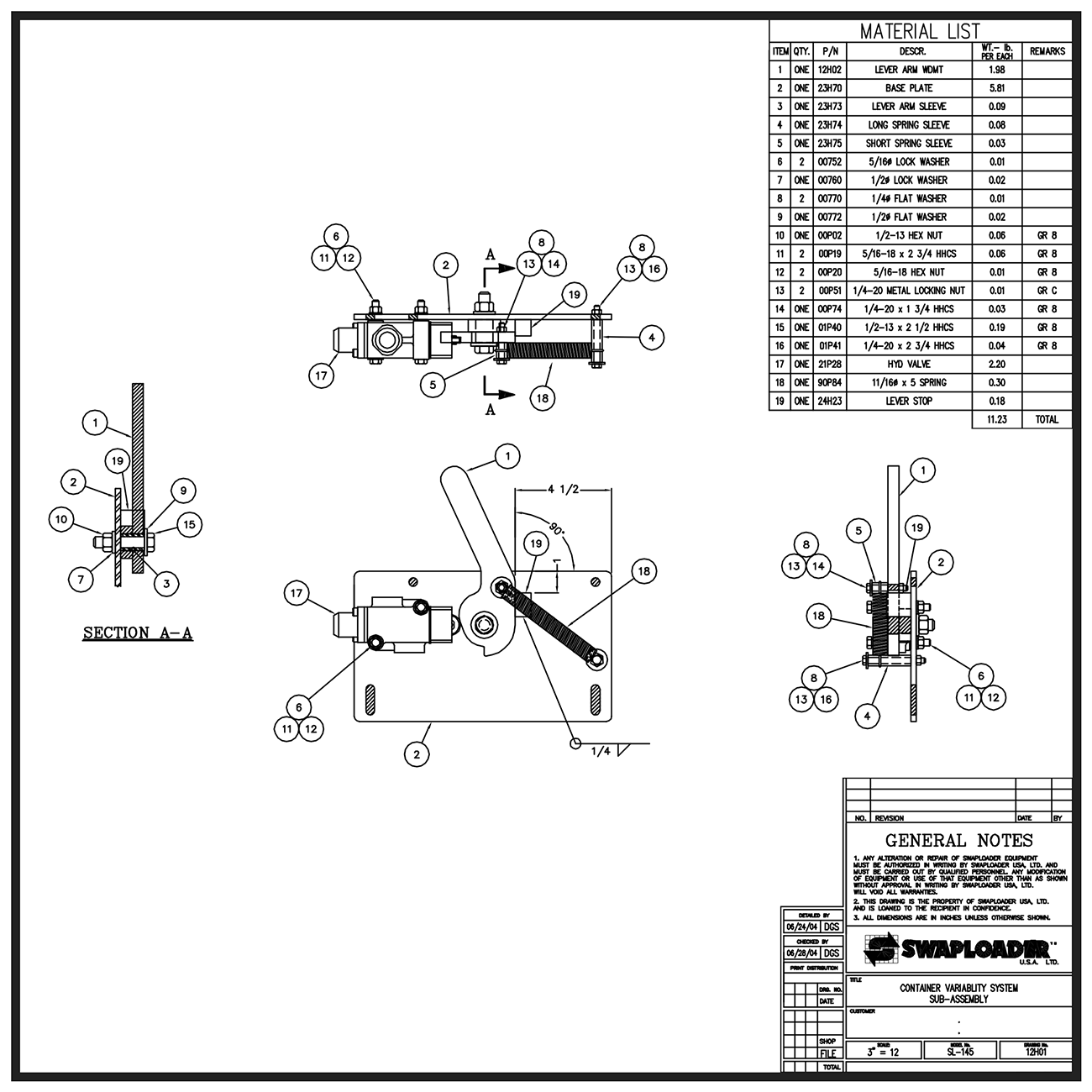 Swaploader SL-145/180 Container Variability System Sub-Assembly Diagram