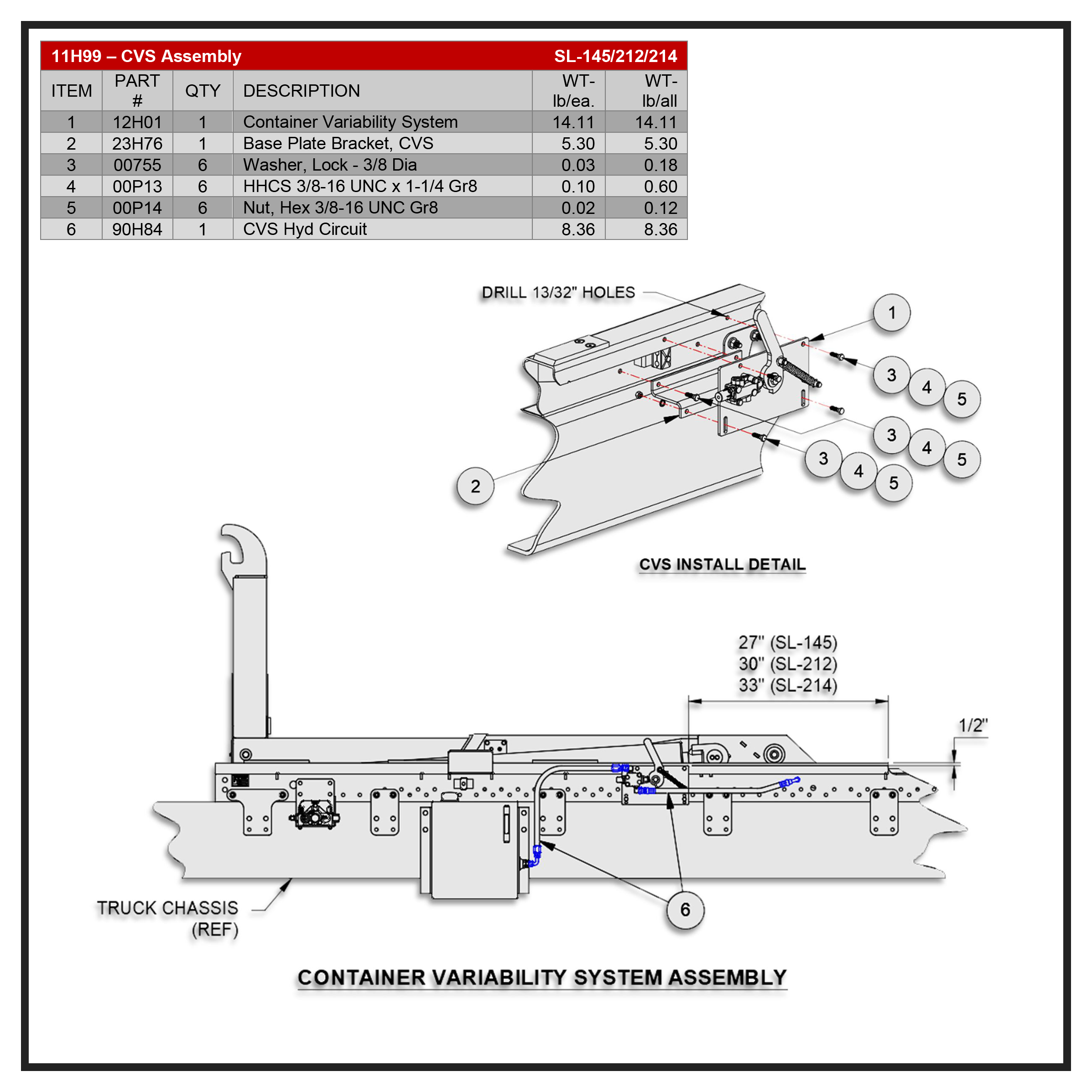 Swaploader SL-145/212/214 Container Variability System Assembly Diagram