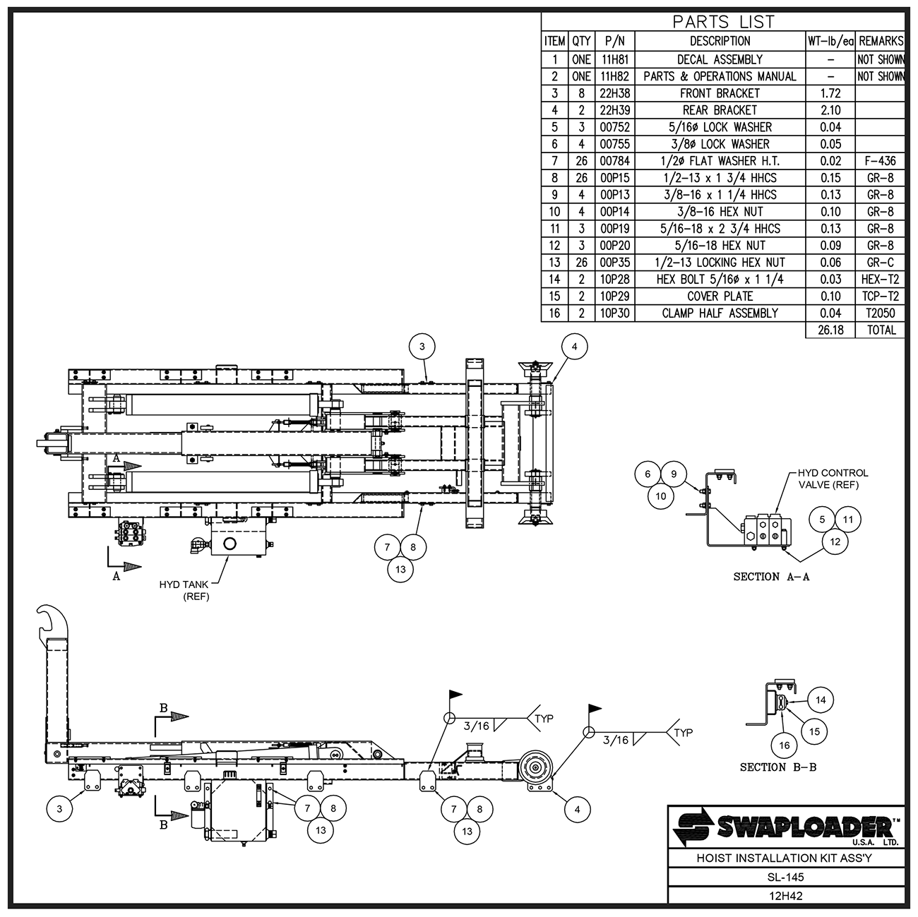 Swaploader SL-145 Hoist Installation Kit Assembly Diagram