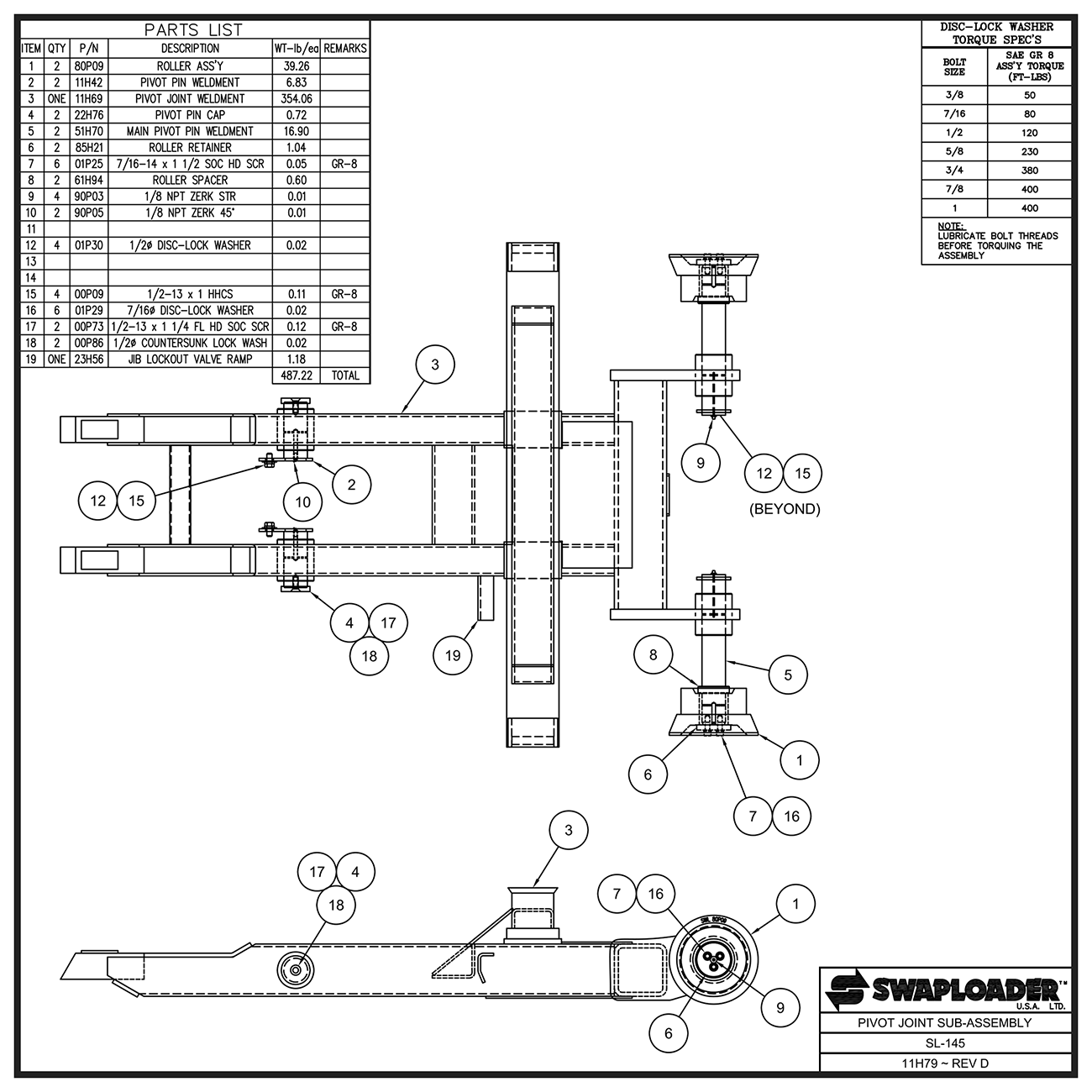 Swaploader SL-145 Pivot Joint Sub-Assembly Diagram