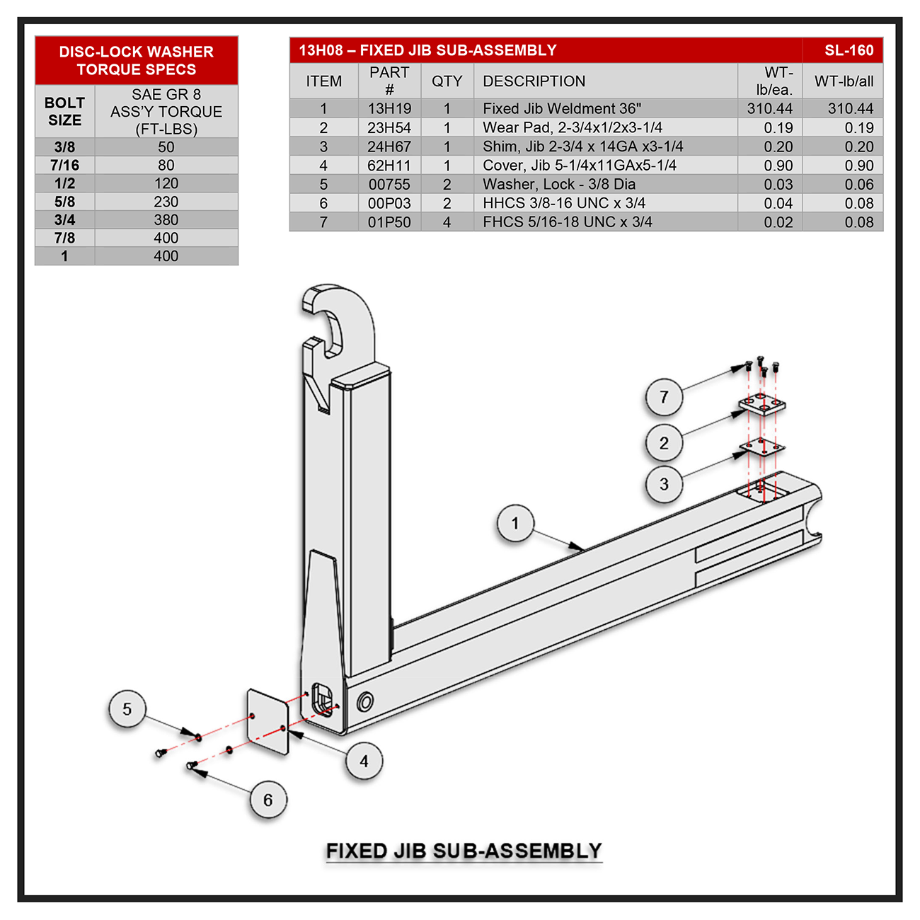 Swaploader SL-160/212 Fixed Jib Sub-Assembly Diagram