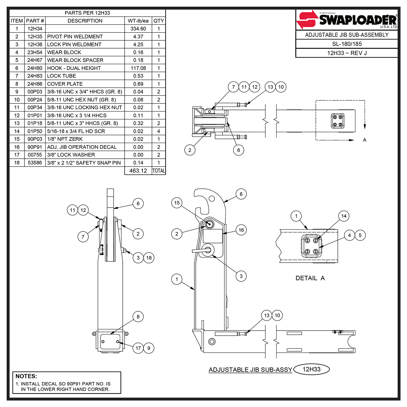 Swaploader SL-180/185 Adjustable Jib Sub-Assembly Diagram