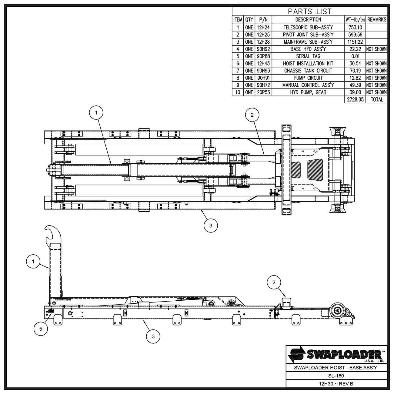 Swaploader SL-180 Hoist Base Assembly Diagram