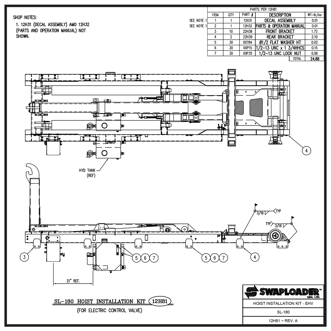 Swaploader SL-180 Hoist Installation Kit (EHV) Diagram