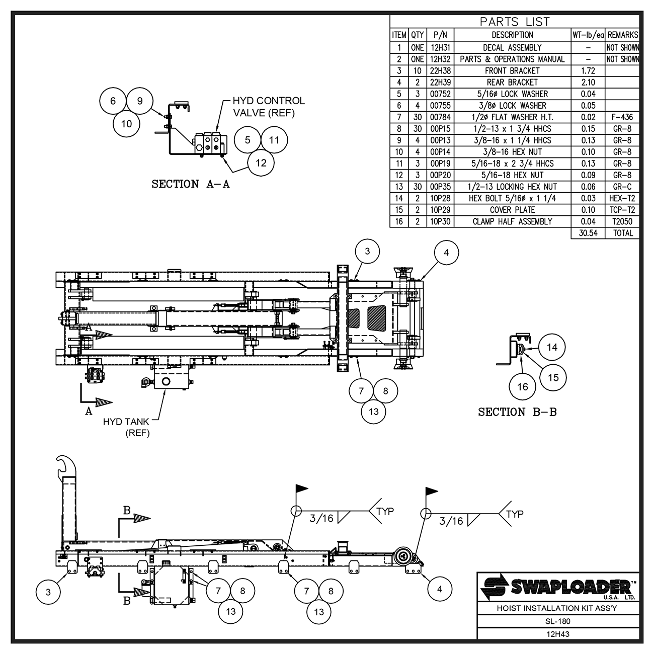 Swaploader SL-180 Hoist Installation Kit Assembly Diagram
