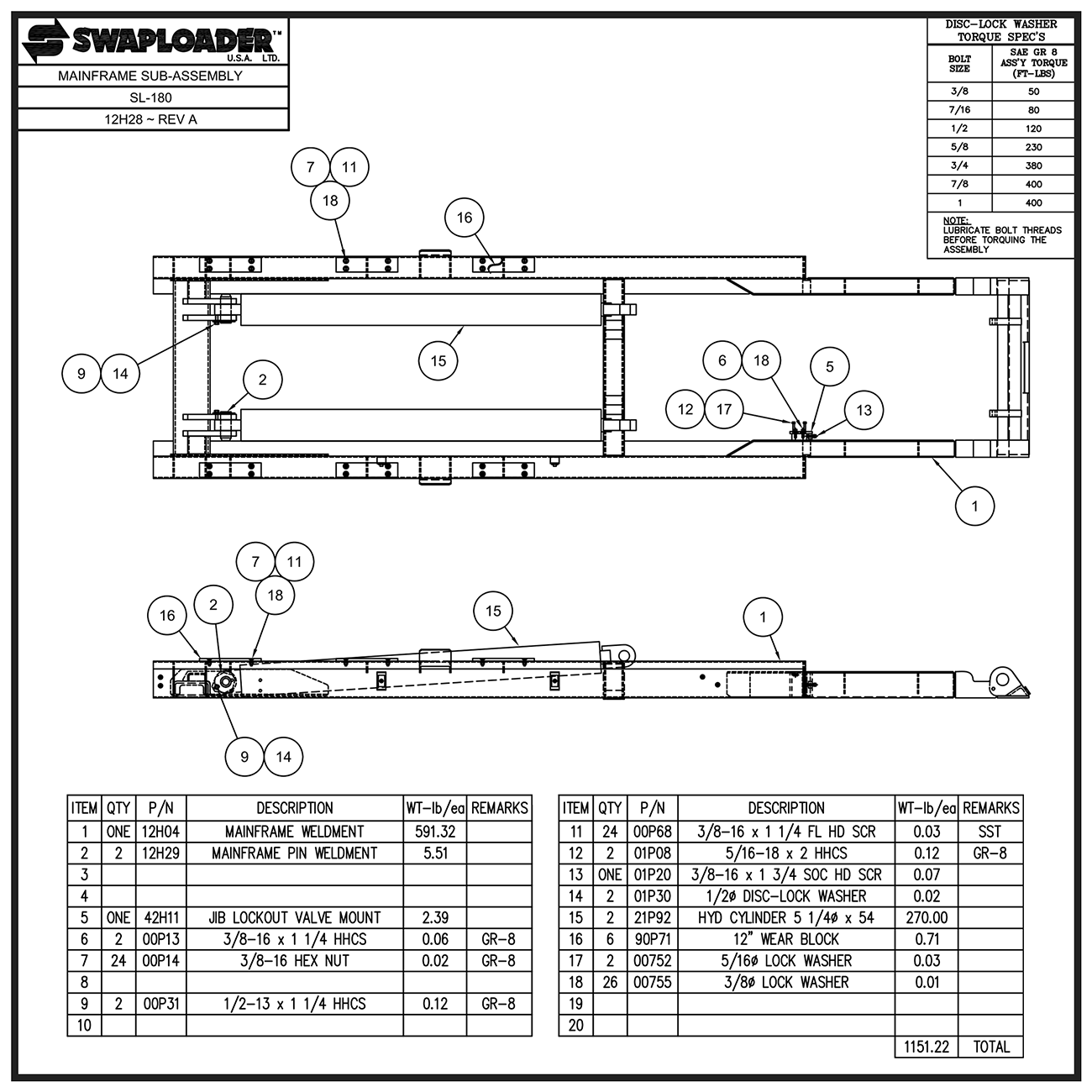Swaploader SL-180 Main Frame Sub-Assembly Diagram