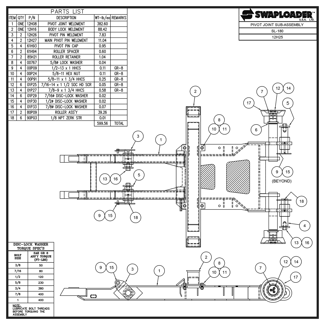 Swaploader SL-180 Pivot Joint Sub-Assembly Diagram