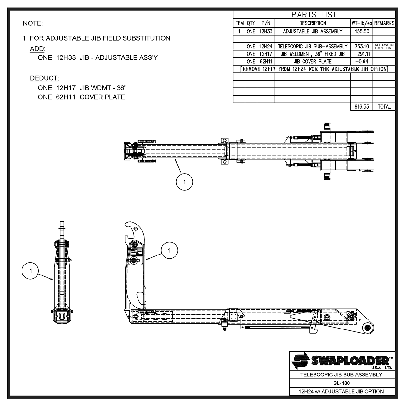 Swaploader SL-180 Telescopic Jib Sub-Assembly (Adjustable Jib Field Substitution) Diagram