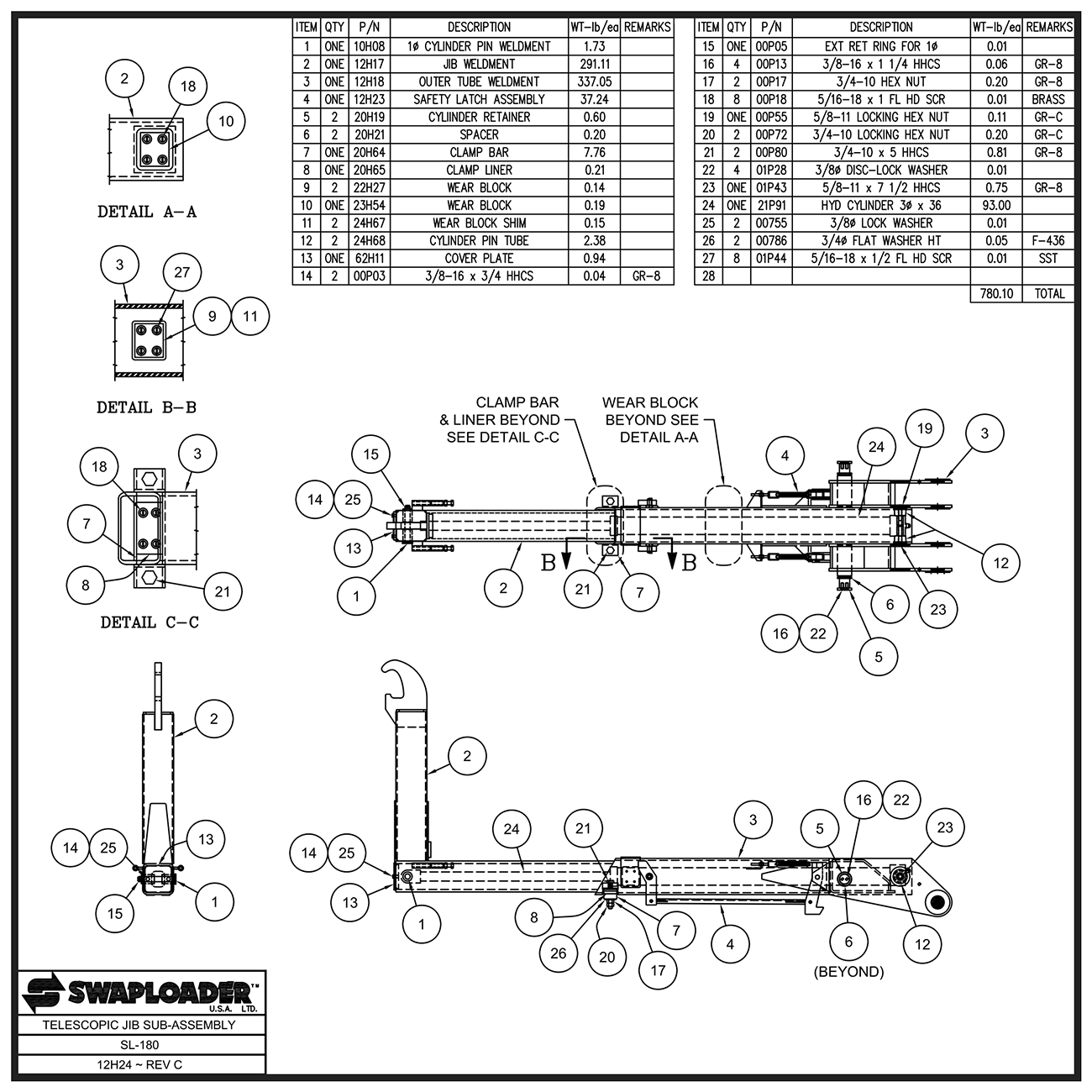 Swaploader SL-180 Telescopic Jib Sub-Assembly Diagram