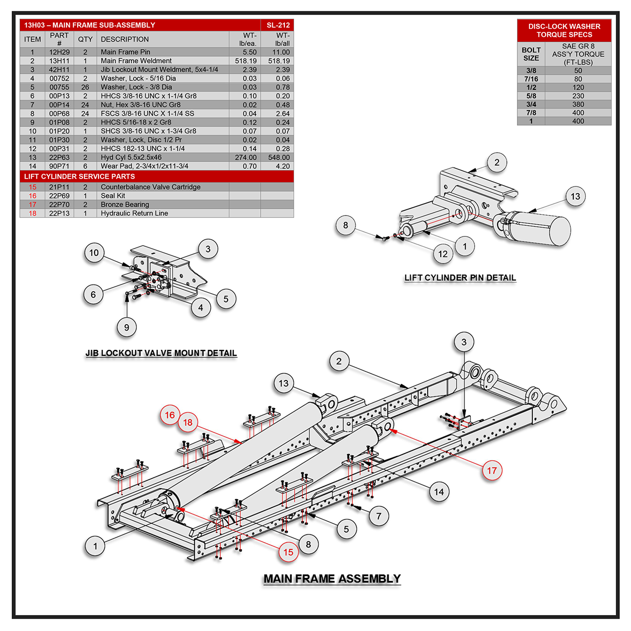 Swaploader SL-212 Main Frame Sub-Assembly Diagram
