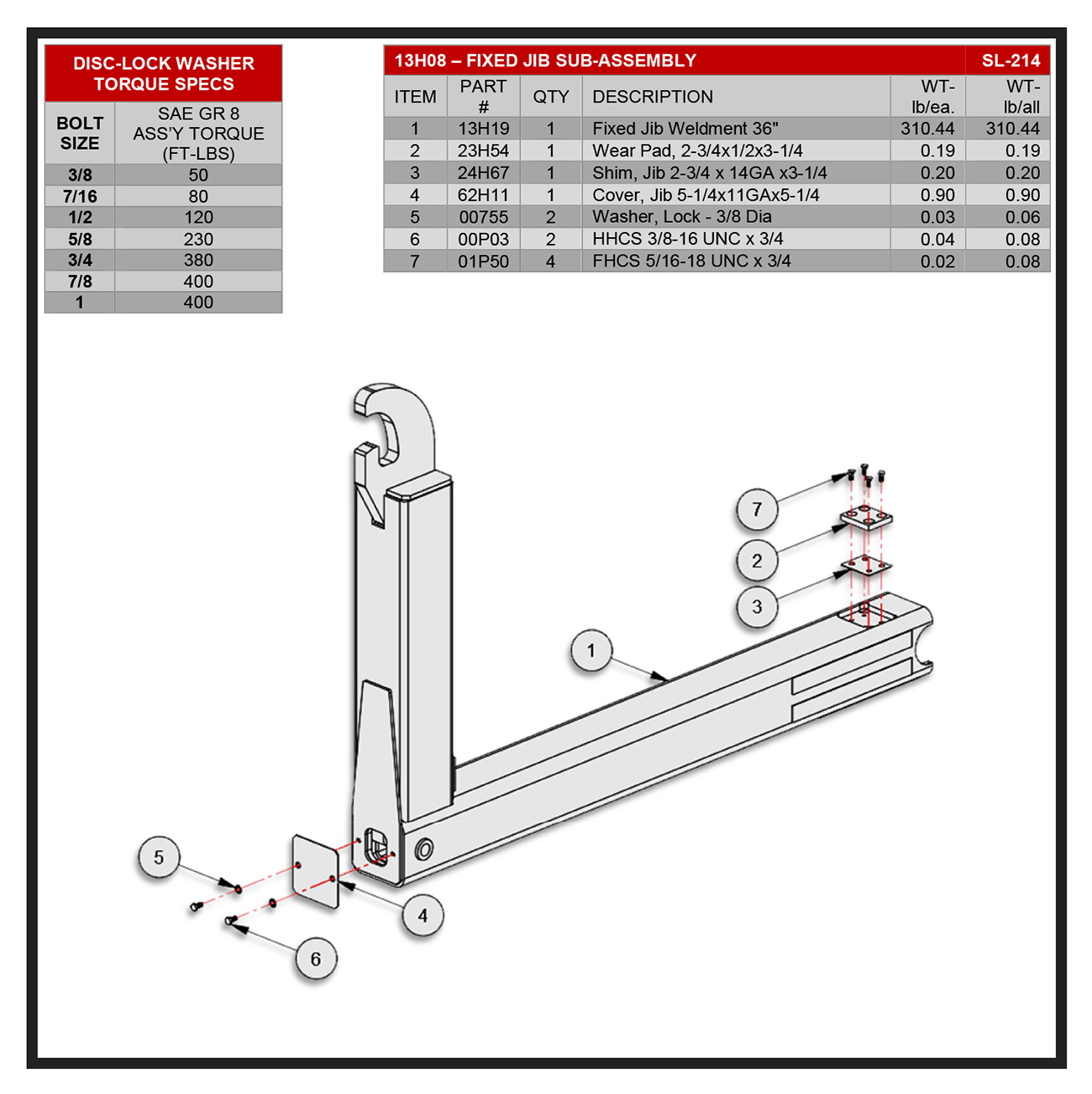 Swaploader SL-214 Fixed Jib Sub-Assembly Diagram
