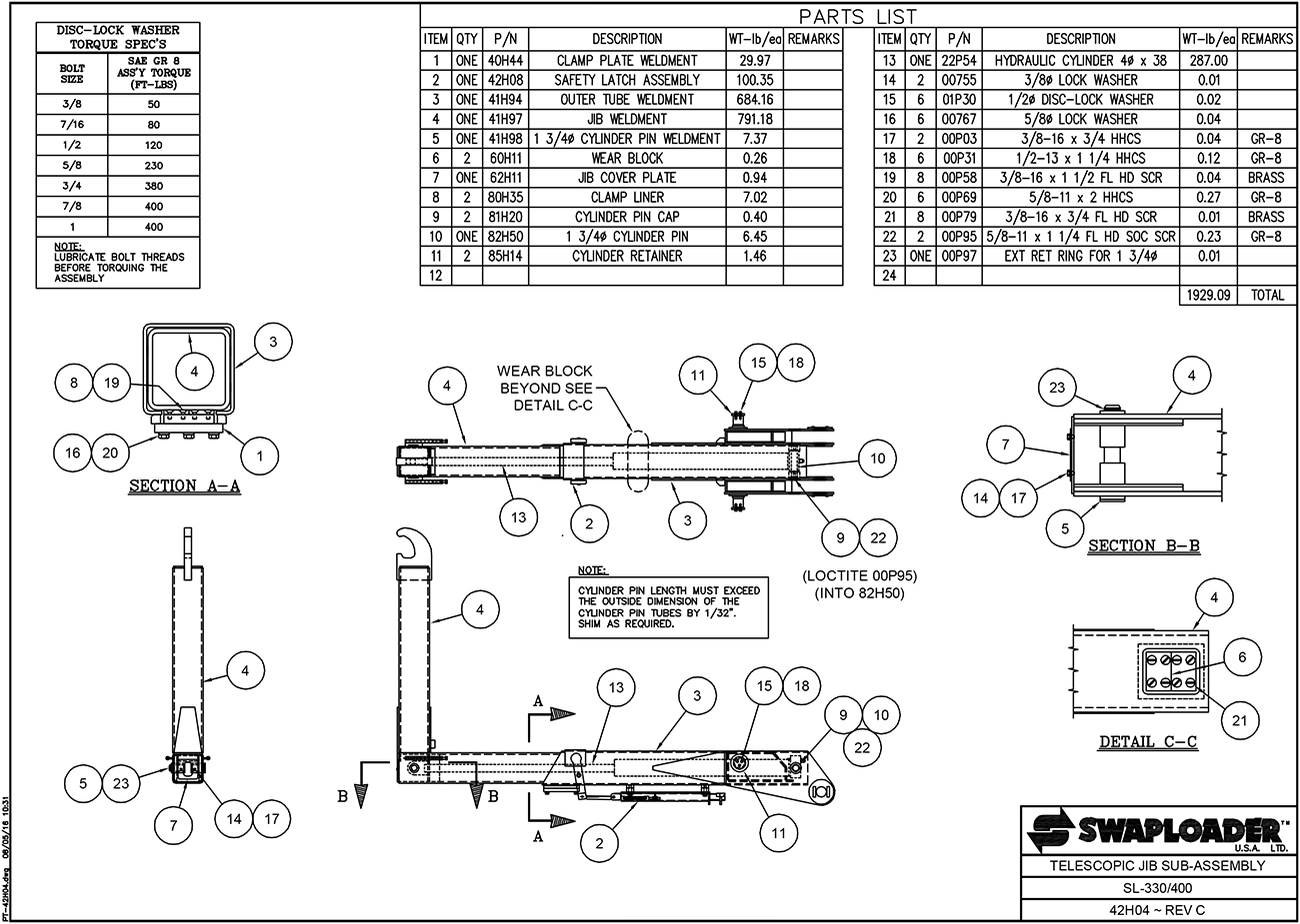 SL-330/400 Telescopic Jib Sub-Assembly Diagram