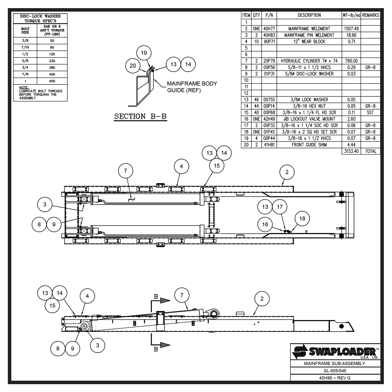 Swaploader SL-505/545 Main Frame Sub-Assembly Diagram