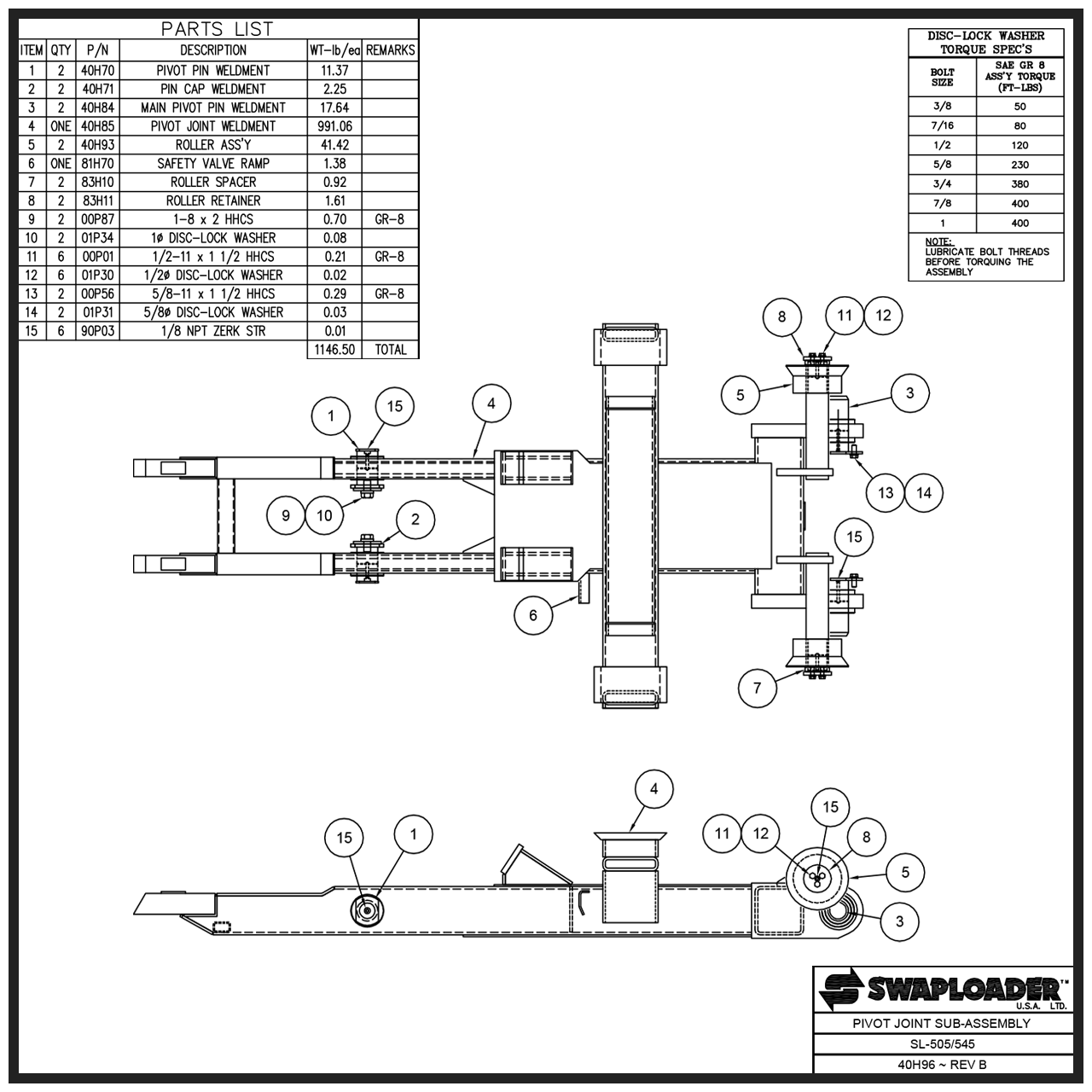 Swaploader SL-505/545 Pivot Joint Sub-Assembly Diagram